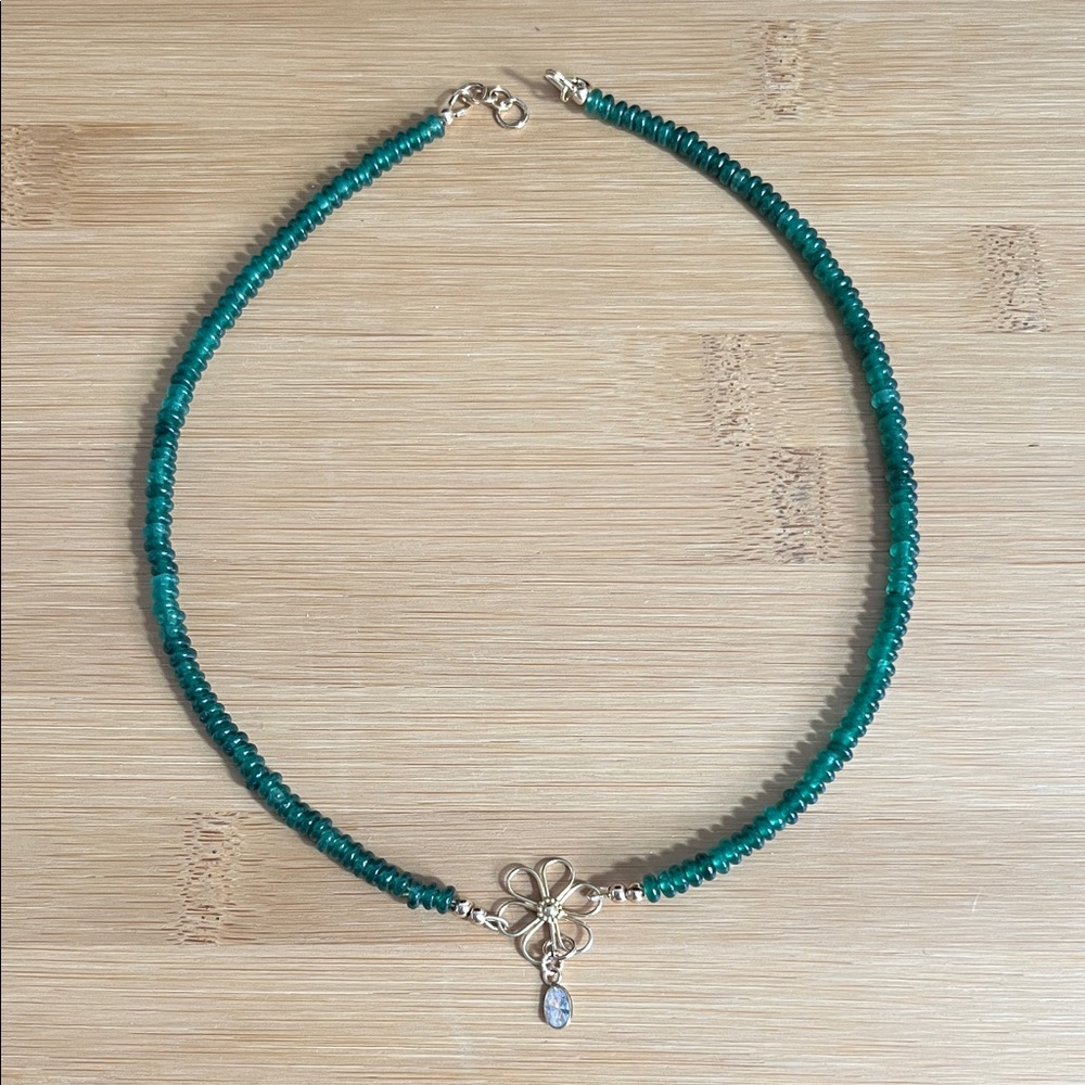Green Beaded Necklace with Silver Flower Charm